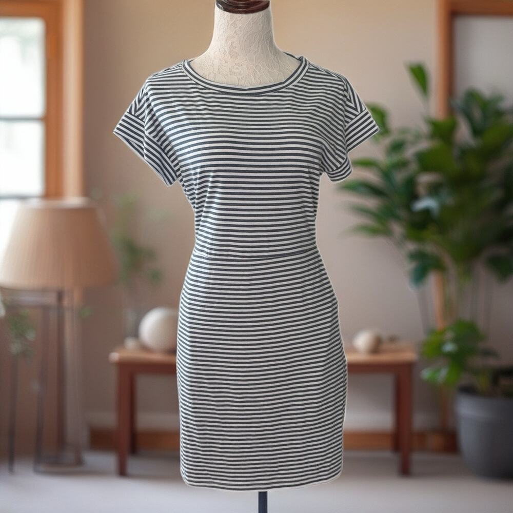 Meroketty navy stripe belted t shirt dress pockets M preppy casual beachy